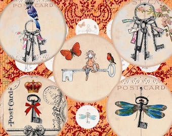 Imágenes digitales de cabujones retro vintage con forma de llave, imágenes de pájaros y mariposas, imágenes para joyería, imágenes imprimibles, imágenes digitales, cabujones
