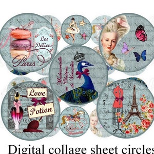 images digitales cabochon "Blue Versailles", bleu, macaron, corset, paon Tour Eiffel Paris rétro collage digital, cabochon, scrapbooking