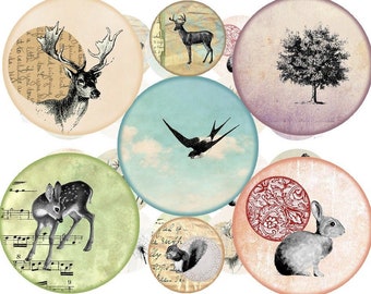 Digital collage sheet circles animals woodland forest one inch circles bottle cap images poetic nature one inch rounds scrapbooking