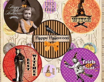 Halloween circles Digital Collage Sheet, bottle cap images Halloween witch, spider, ghost, trick or treat, instant download Halloween 1 inch