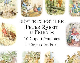 Digitale collage Beatrix Potter Peter Rabbit, digitale afbeeldingen, clipart, kaart, scrapbooking, PNG, JPEG, junk journal, journaling spot