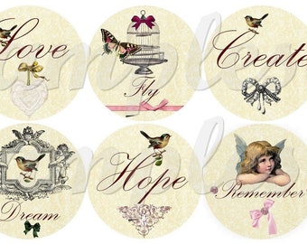May include: Six round, cream-colored paper circles with vintage-inspired designs. Each circle features a different word: Love, Fly, Create, Hope, Dream, and Remember. Each circle also features a bird, a cage, a bow, and other decorative elements.