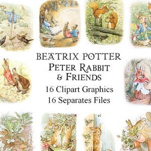 Collage digital Beatrix Potter Pierre Lapin, images digitales, clipart carte scrapbooking PNG JPEG junk journal journaling spot