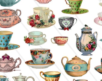 Teacup clipart Tea clipart Teacup floral Vintage tea cups Tea party clipart Tea cups Clipart teapots digital collage sheet Fussy Cut,Cricut