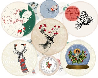 Könnte beinhalten: Sortiment von 10 runden Papier-Bastelverzierungen zum Thema Weihnachten in verschiedenen Designs. Die Designs umfassen ein Rentier mit roten Herzen, eine Schneekugel mit einem Babyengel, eine Kiefernzapfen, einen Weihnachtsbaum und eine Vintage-Weihnachtskarte. Die Verzierungen haben einen Durchmesser von 30, 25, 20, 18 und 14 mm.