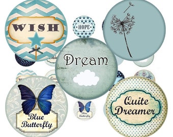Digital collage sheet circles butterflies dandelion BLUE, one inch circle images for pendant  digital bottle cap instant download