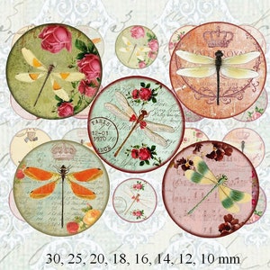 Dragonflies - Digital Collage Sheet - 1 Inch Circles - Printable Images for Pendants Bezels Glass Cabochons and Magnets butterflies