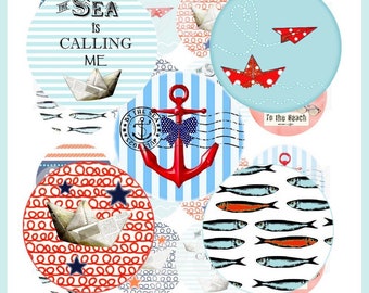 Nautical circles anchor sea Digital collage sheet digital images nautical, one inch circles sea boat anchor fish  shells digital rounds