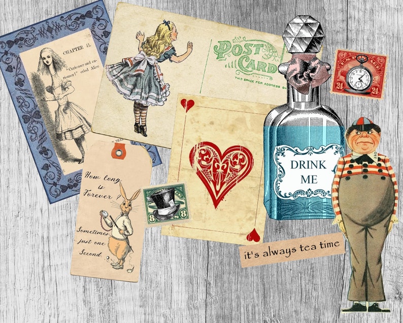 Printable Alice in Wonderland Junk Journal Clip Art Journal Kit Download, Digital Wonderland Scrapbook Collage Sheet Alice Clip Art Ephemera image 5