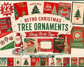 Retro Christmas Tree Ornaments shiny Brite Tags Labels Cards Printable Christmas vintage embellishment journal digital collage sheet