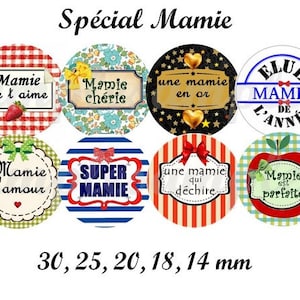 May include: Seven round, colorful, printed, paper cake toppers with different messages about mothers. The toppers are 30, 25, 20, 18, and 14 mm in diameter.