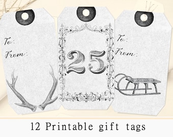 Christmas Tags printable gift tags hang tags journaling journal craft hobby crafting scrapbooking grey white christmas digital collage sheet