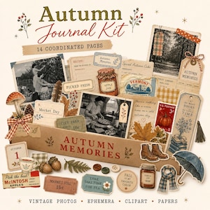 Peut inclure: Un kit de journal d'automne comprenant 14 pages coordonnées, des photos vintage, des éphémères, des cliparts et des découpages en papier. La collection présente des illustrations de champignons, glands, citrouilles, une écharpe et un parapluie, avec des textes comme Autumn Memories, Picked Fresh et Market Day.