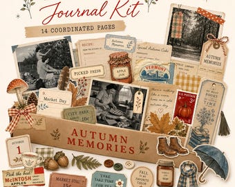 May include: An Autumn Journal Kit containing 14 coordinated pages, vintage-style photos, ephemera, clipart, and paper cutouts. The collection features illustrations of mushrooms, acorns, pumpkins, a scarf, and an umbrella, with text including Autumn Memories, Picked Fresh, and Market Day.