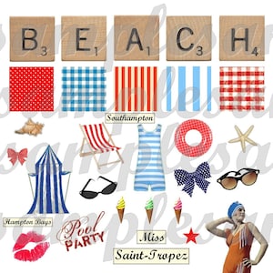 Images digitales clipart mer rétro, Feuille de Collage digitale rétro  "Bain de mer", marin, rayures, vacances, vintage, blanc, bleu mer PNG