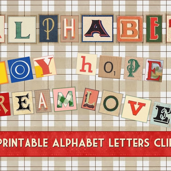 Retro-Alphabet, Vintage-Alphabet zum Ausdrucken für Scrapbooking, Karten, Reisetagebücher, Notizbücher, Alphabet-Buchstaben-Cliparts