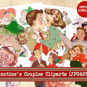 Vintage Valentine's Couples 50's Fifties Clipart Clip Art Digital Collage Sheet Valentines Scrapbooking for Card Making Decoupage Paper PNG