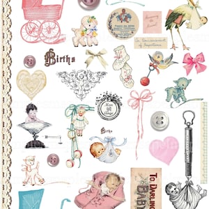 Baby Birth Digital collage sheet - PNG and Jpeg files printable paper Gender reveal Birth announcement, baby shower Craftsclipart ATC
