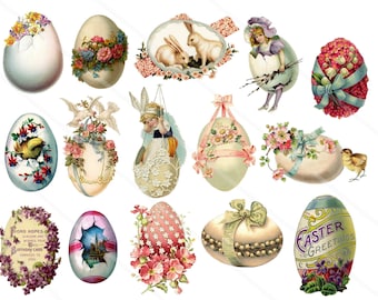 May include: A collection of 15 vintage Easter egg illustrations. The eggs are decorated with flowers, ribbons, birds, and other spring motifs. Some eggs are cracked open to reveal a chick or a bunny inside. The illustrations are in a whimsical style and would be perfect for scrapbooking, card making, or other craft projects.