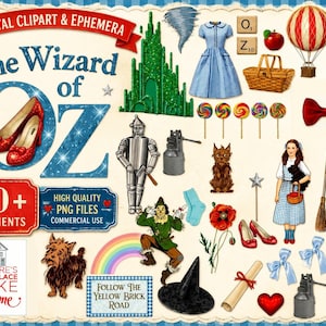 May include: A digital clipart collection featuring The Wizard of Oz elements including a blue gingham dress, ruby slippers, a tin man, a scarecrow, a lion, a dog, a hot air balloon, a green castle, a rainbow, lollipops, and a medal of courage.