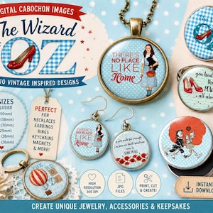 Puede incluir: Una colección digital de imágenes de cabujón con temática del Mago de Oz que incluye 10 diseños de inspiración vintage. El conjunto presenta gráficos de Dorothy, zapatos de rubí y amapolas con texto, disponible en 6 tamaños de 16mm a 50mm.