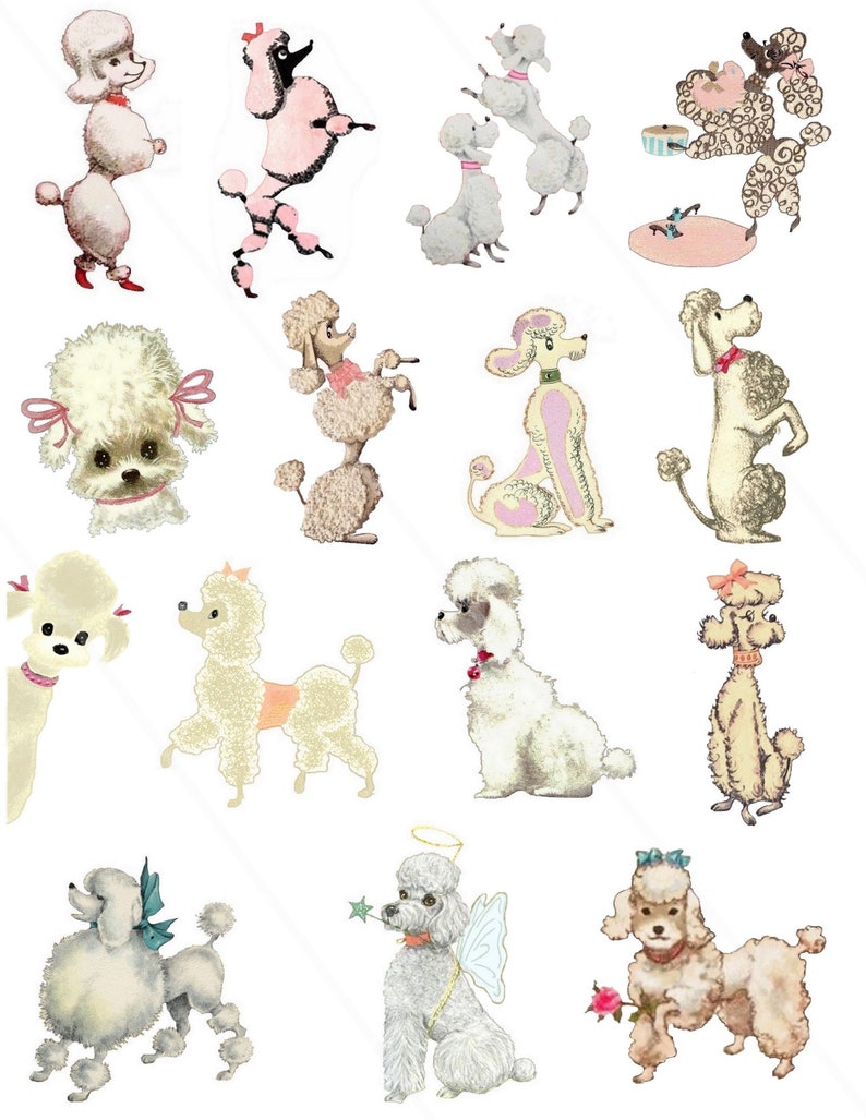 Vintage white Poodles clip art Digital Collage Sheet retro poodles dogs Clip art for Card Making Decoupage Junk journal PNG dogs image 1