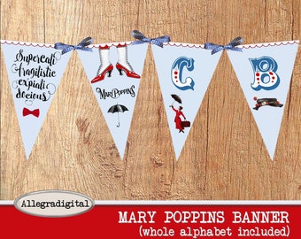 Printable Mary Poppins Banner - DIY Party Bunting - Digital Collage Sheet Instant Download Paper Crafting Decor