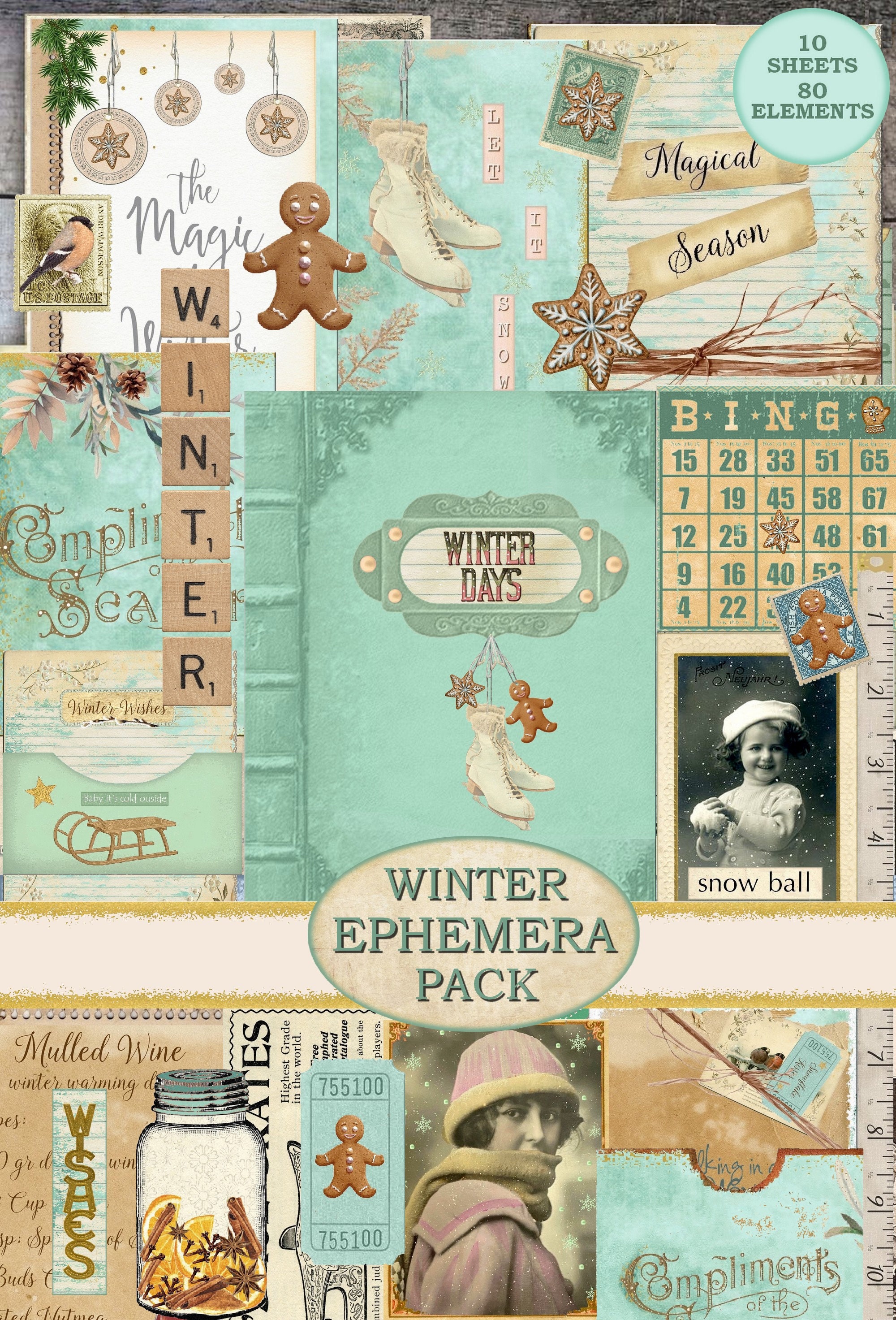 Junk Journal Ephemera Winter Ephemera Pack Post Card Tag - Etsy