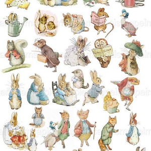 May include: A collection of illustrations featuring various animals from Beatrix Potter's children's books. The illustrations include Peter Rabbit, Squirrel Nutkin, Jemima Puddle-Duck, Mrs. Tiggy-Winkle, and more. The illustrations are in a vintage style and are perfect for scrapbooking, card making, or other craft projects.