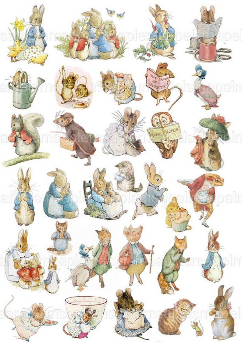 May include: A collection of illustrations featuring various animals from Beatrix Potter's children's books. The illustrations include Peter Rabbit, Squirrel Nutkin, Jemima Puddle-Duck, Mrs. Tiggy-Winkle, and more. The illustrations are in a vintage style and are perfect for scrapbooking, card making, or other craft projects.