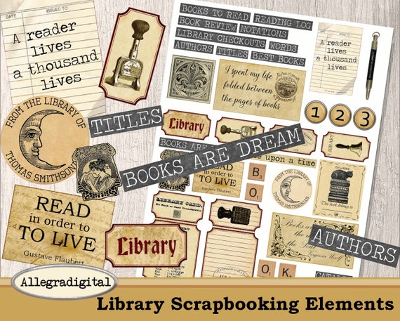 Library Scrapbooking Elements Printable Scrapbooking Junk Journal Library  Book Embellishments Ephemera Digital Download Sheet 