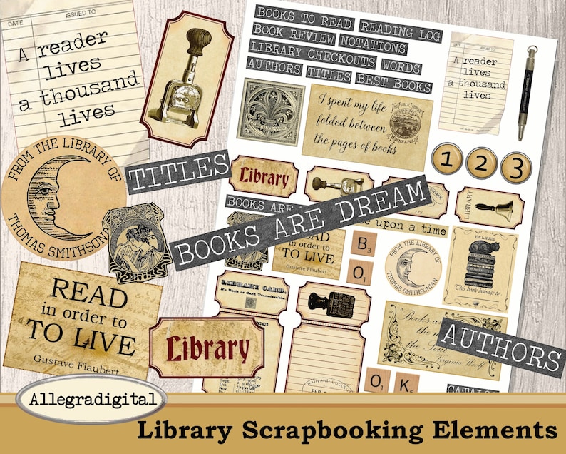 Library Scrapbooking Elements Printable Scrapbooking junk journal library book embellishments ephemera digital download sheet image 1