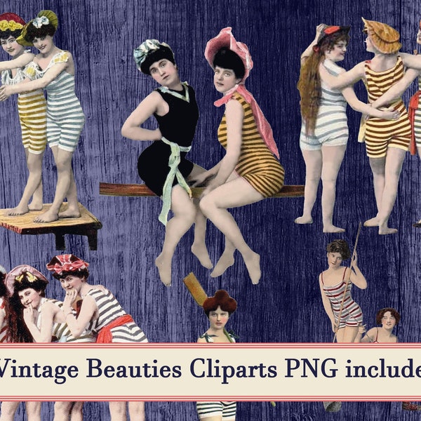 Vintage Bathing beauties cliparts Digital Collage Sheet Beach sea summer clip art vintage nautical image png bathing beauties Allegradigital