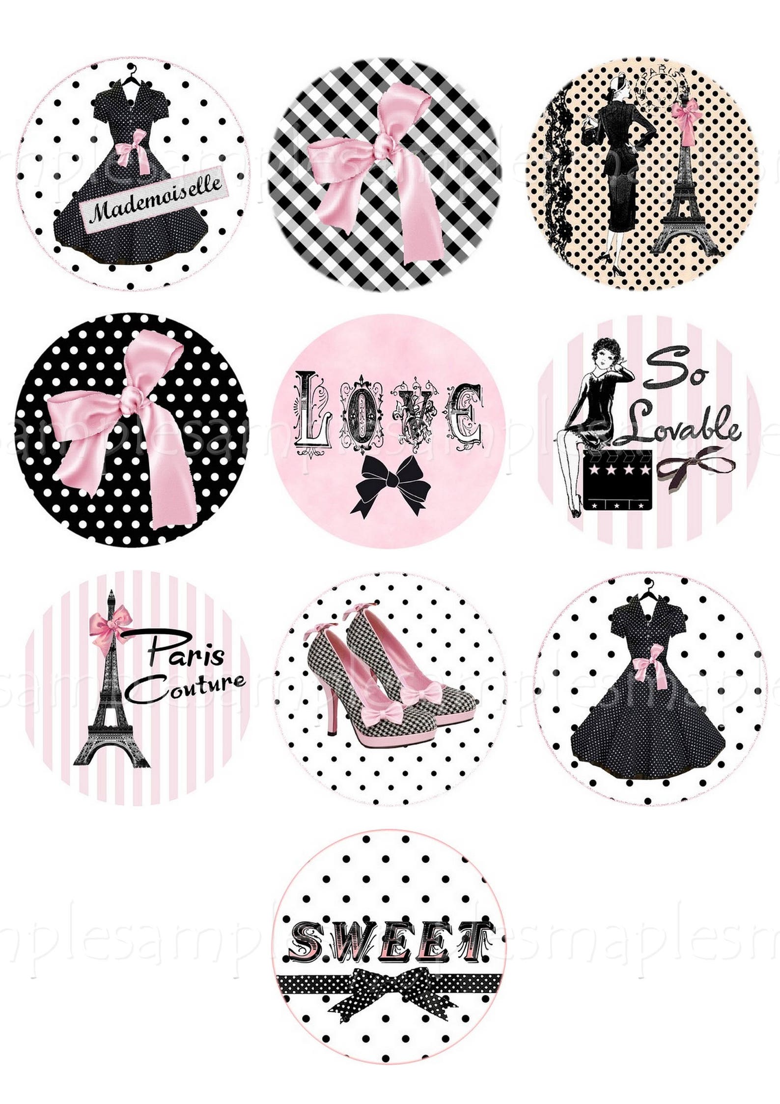 Paris Eiffel Digital Collage Sheet Circles 2,5 Inch Pocket Mirror ...