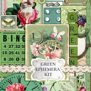 Vintage Grünes Ephemera-Paket für Junk Journals - Postkarte, Anhänger & Digitaler Download - Frühlingsinspiriertes smaragdgrünes Collage Sheet
