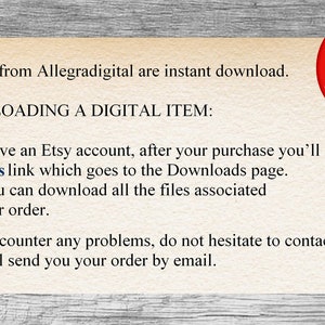 以下が含まれることがあります： Etsyで購入したデジタルアイテムのダウンロード方法を説明するテキスト画像。テキストは木目調の背景にあり、赤い円の中に白い文字で「デジタルダウンロードとは？」と書かれている。