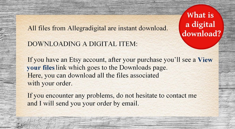 以下が含まれることがあります： Etsyで購入したデジタルアイテムのダウンロード方法を説明するテキスト画像。テキストは木目調の背景にあり、赤い円の中に白い文字で「デジタルダウンロードとは？」と書かれている。