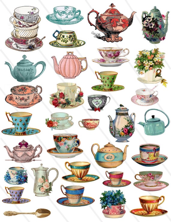 Teacup clipart Tea clipart Teacup floral Vintage tea cups Tea party clipart  Tea cups Clipart teapots digital collage sheet Fussy Cut,Cricut