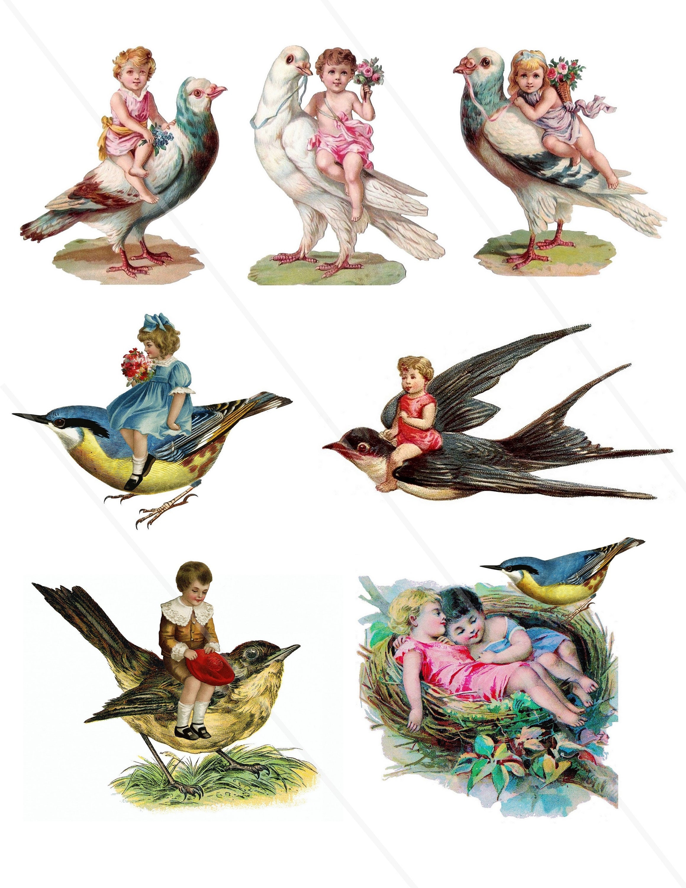 Vintage children on birds cliparts victorian kids ephemera Digital Collage  Sheet Whimsical Winged Children