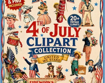 Clipart infantil vintage del 4 de julio | Día de la Independencia de EE. UU. | Gráficos imprimibles de América, Allegradigital