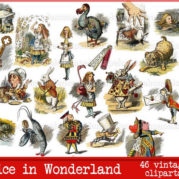 Collage digital Alice aux pays des merveilles, images digitales, clipart carte scrapbooking PNG JPEG junk journal journaling spot