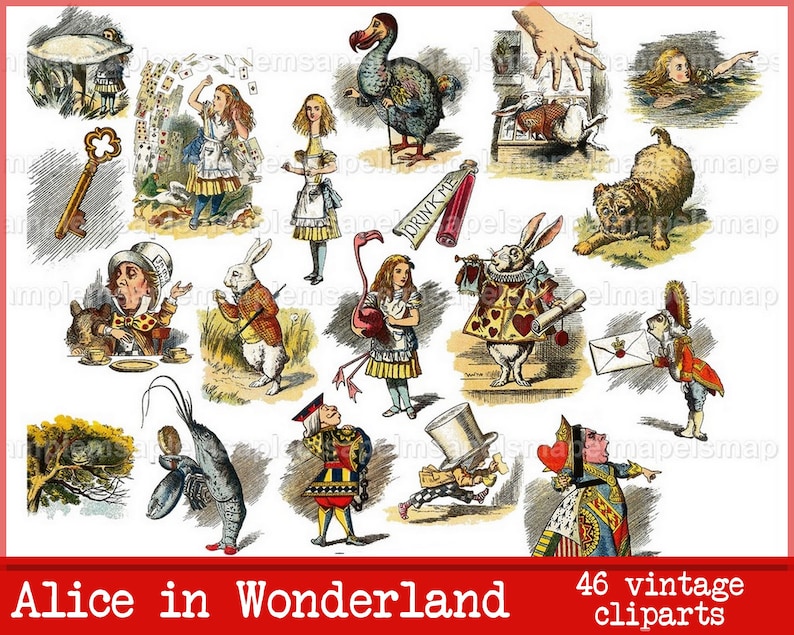Alice in Wonderland Clipart Alice Clip Art vintage Mad Hatter Tea Party Eat Me Drink Me White Rabbit Key antique Illustration PNG JPG image 1