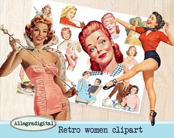 Retro Clipart vintage pin up donne retrò anni '50, immagini digitali per la creazione di cartoline, scrapbooking, spot per diario spazzatura