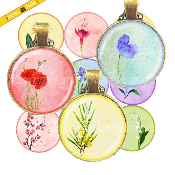 Digital collage sheet circles Flowers watercolor flower Poppy, 1 inch circle and more sizes digital round digital bottle cap floral