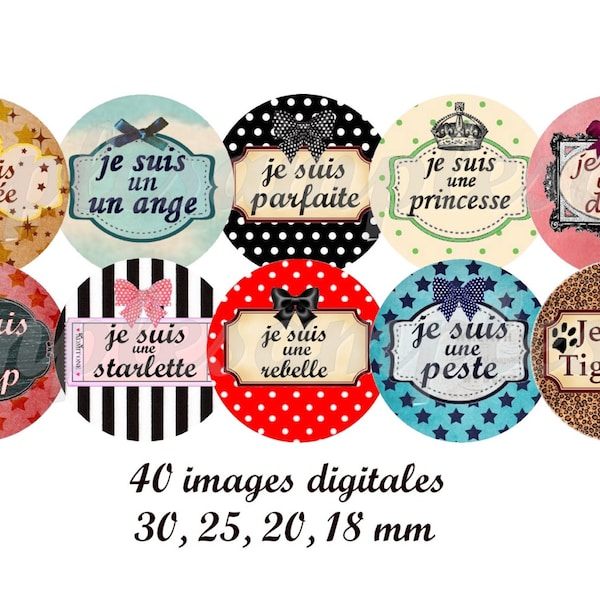 images digitales cabochon, image digitales pour bijoux, cabochon, collage digital, "Je suis", mot, étiquette