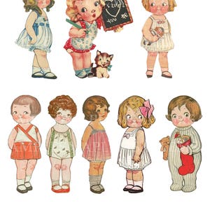 May include: A set of eight vintage paper dolls, each with a different outfit and accessories. The dolls are all dressed in colorful clothing and have sweet expressions on their faces. Some of the dolls are holding toys, such as a teddy bear and a kitten.
