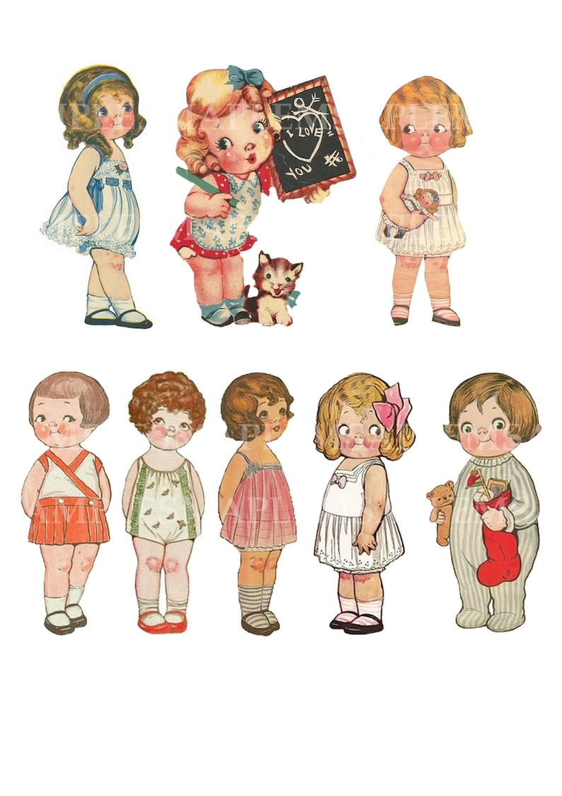 May include: A set of eight vintage paper dolls, each with a different outfit and accessories. The dolls are all dressed in colorful clothing and have sweet expressions on their faces. Some of the dolls are holding toys, such as a teddy bear and a kitten.