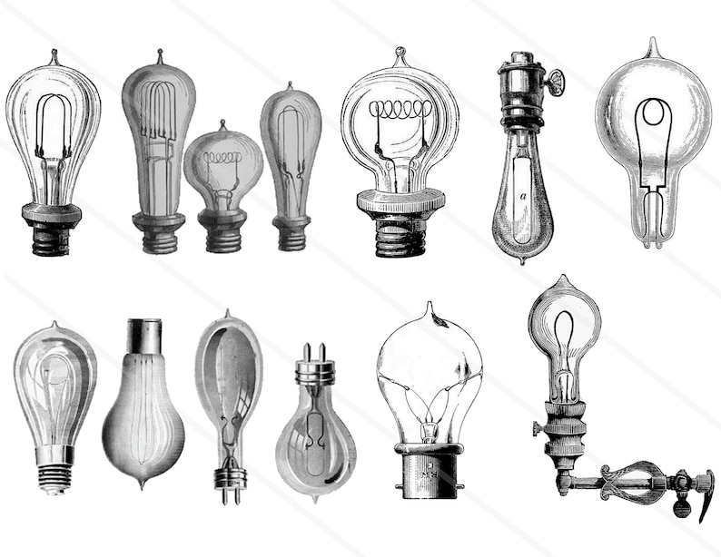 Op de afbeelding: Een verzameling vintage gloeilampen in verschillende vormen en maten, waaronder een lamp met een spiraalvormig filament, een lamp met een enkel filament en een lamp met een dubbel filament. De lampen zijn allemaal in zwart-wit getekend.