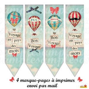 4 Marque-Pages à imprimer montgolfière, collage digital, images digitales montgolfière, ballon