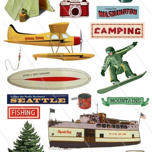 Peut inclure: Une collection d'illustrations de style vintage représentant diverses activités de plein air et destinations de voyage dans l'État de Washington. Les illustrations comprennent une tente de camping, une canne à pêche, un hydravion, un ferry, une montagne, un randonneur, un appareil photo, une canette de bière, une planche de surf, une tasse de café et un pin. Le texte "Greetings from Washington" et "Camping" est également inclus.